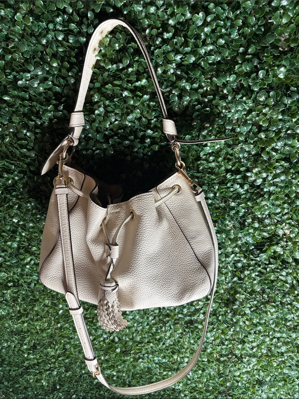 Coach Cream Pebbled Leather Drawstring Shoulder Bag with Tassel